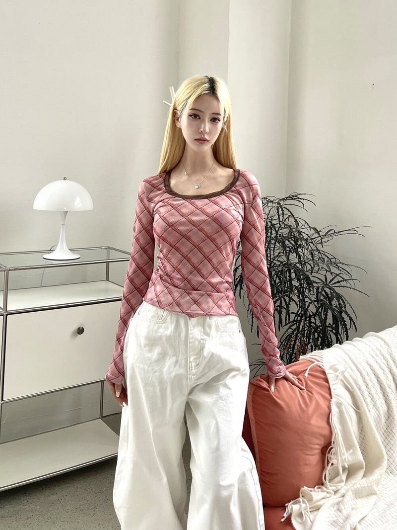 1464. Check mesh long sleeve T (2color)