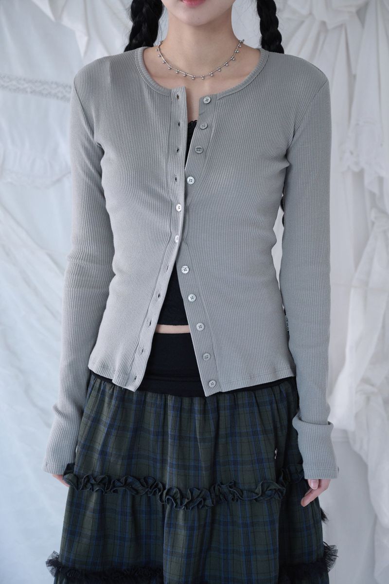 BUTTON RIBBED CARDIGAN ASH GREY
