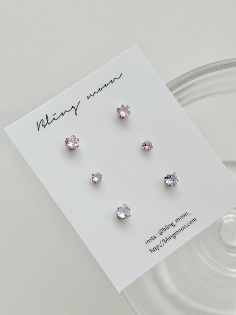 [3 set] surgical heart cubic earring set / 2 color / mini daily simple layered