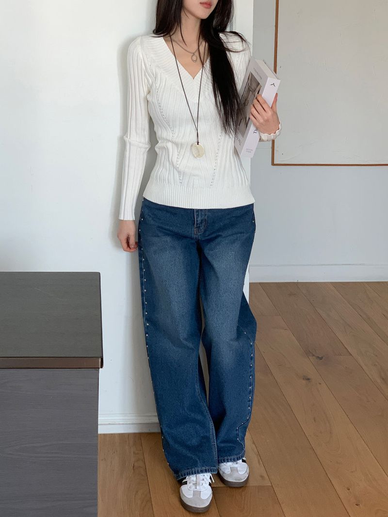 Sia Ball Stud Wide Denim Pants