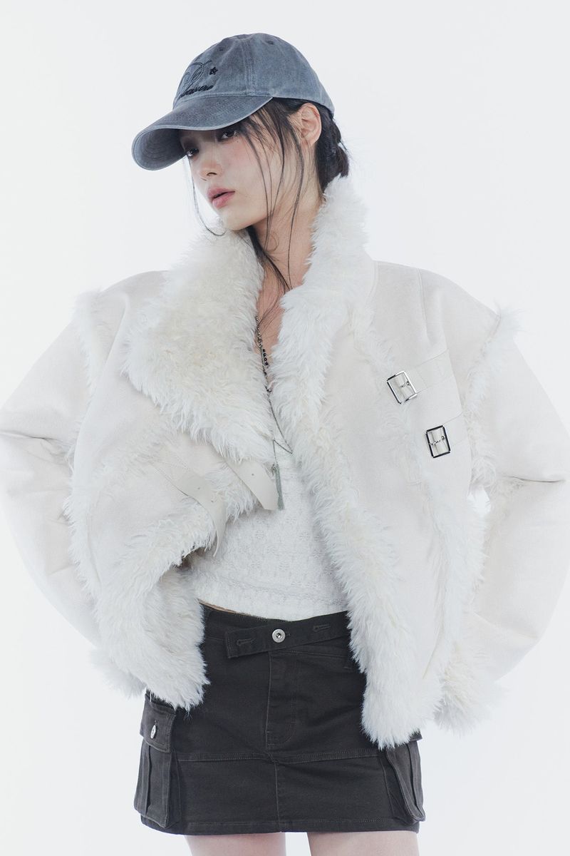 LUNA BELTED SHEARLING JACKET cream
