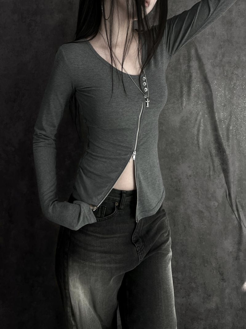 diagonal zipper button T (2color)