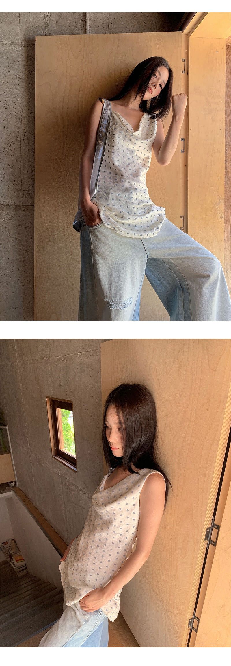 silk dot unbalanced sleeveless blouse top