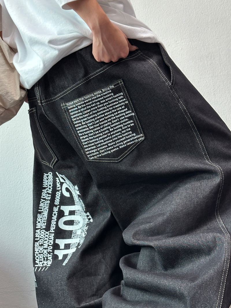 CCORTTI(コルッティ)の「LETTERING INDIGO RAW STITCH WIDE BALLOON TATTOO PRINT DENIM LONG PANTS 🩵🖤 - 2 COLORS(Pants)」