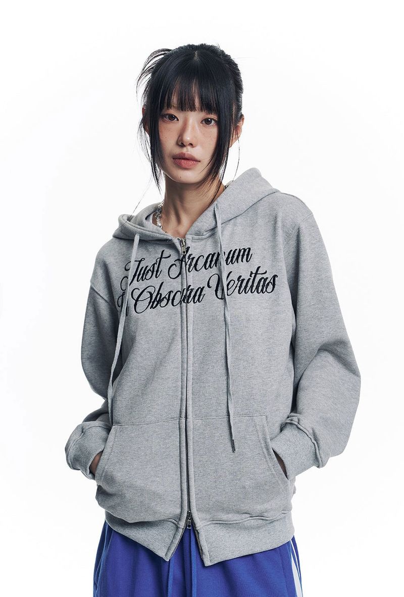 Lettering Embroidered Hoodie Zip-Up - Gray