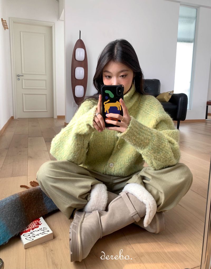 Tender Green Turtleneck Knit Cardigan