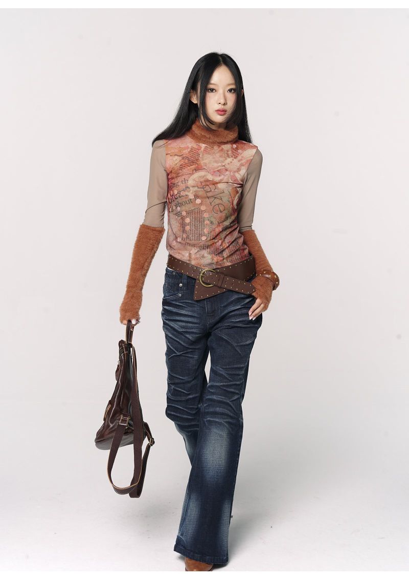 CONFUN Design sense three-dimensional cat whiskers, aged washed flared jeans style