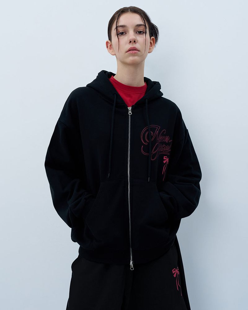 PINK RIBBON LOGO HOODIE ZIPUP-BLACK
