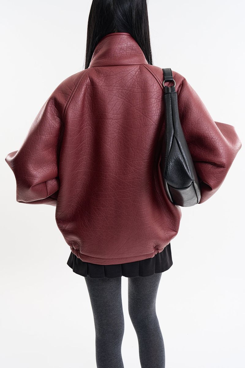 Puff raglan texture leather jumper