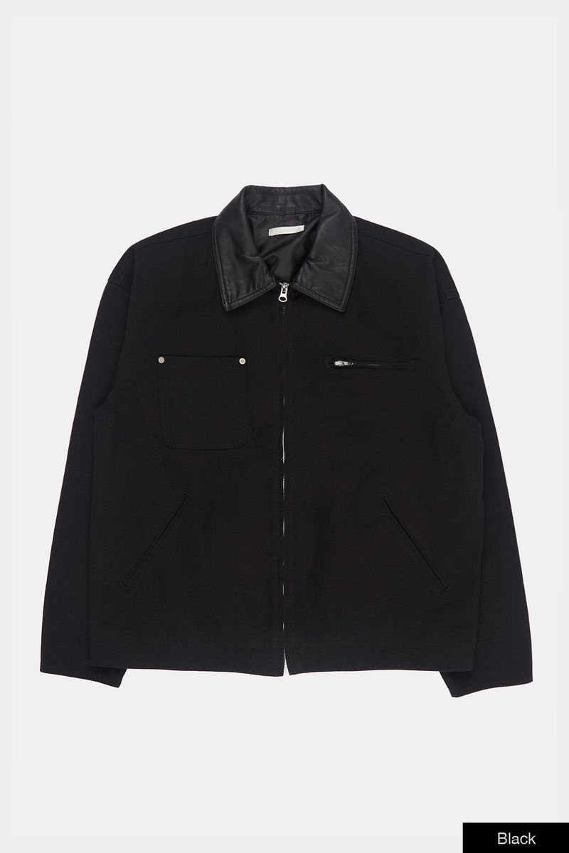 Leather collar vintage zip-up work jacket