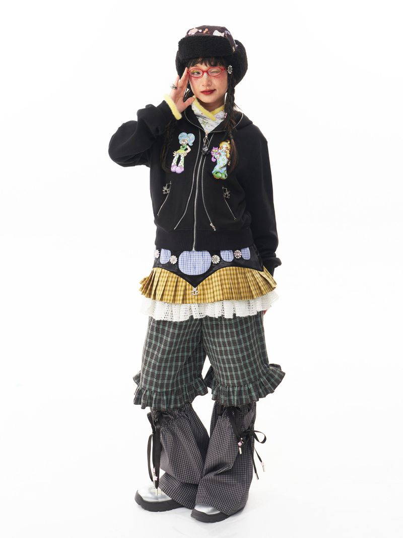 sillysis 黒のかわいい女の子イラスト、両頭金属ジッパー構造感スウェットパーカー
