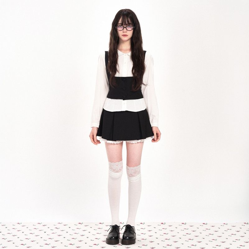 RIBBON FRILLY WAIST VEST - BLACK