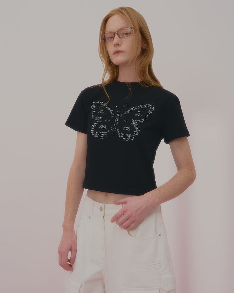 TEXT BUTTERFLY CROP TSHIRT-BLACK
