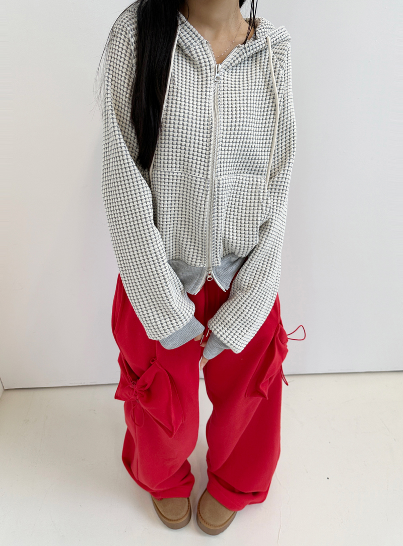 WAFFLE PATTERN HOOD ZIP-UP / 2-WAY🧇 - 2 COLORS