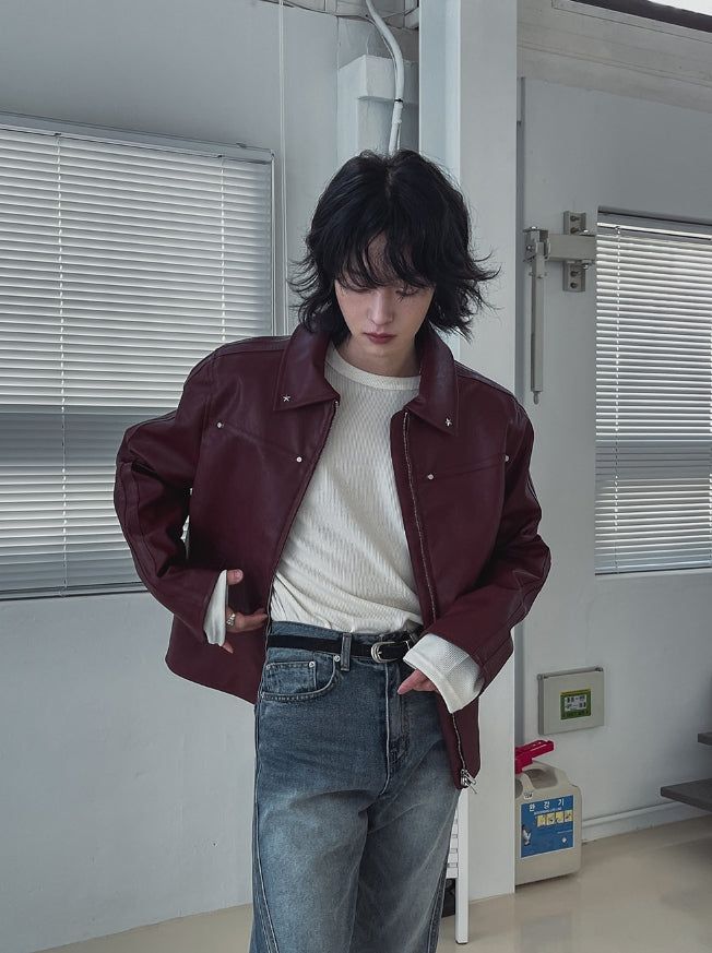 Star stud track line leather jacket