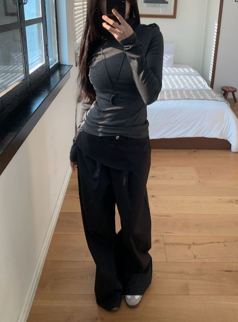 Close Pintuck Wrap Two Button High Waist Long Wide Pants