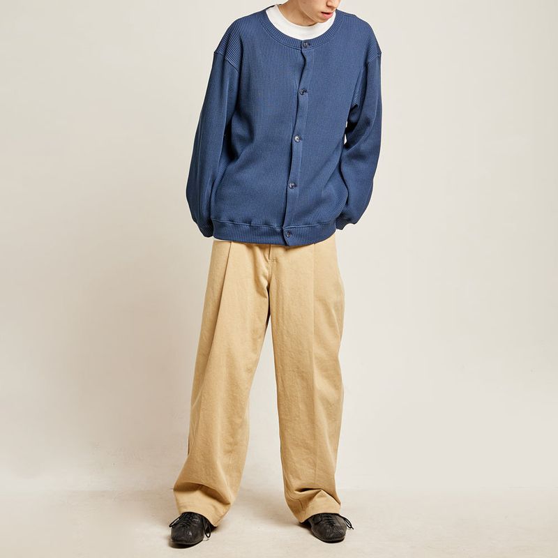 DAMP ROUND-NECK WAFFLE CARDIGAN_NAVY