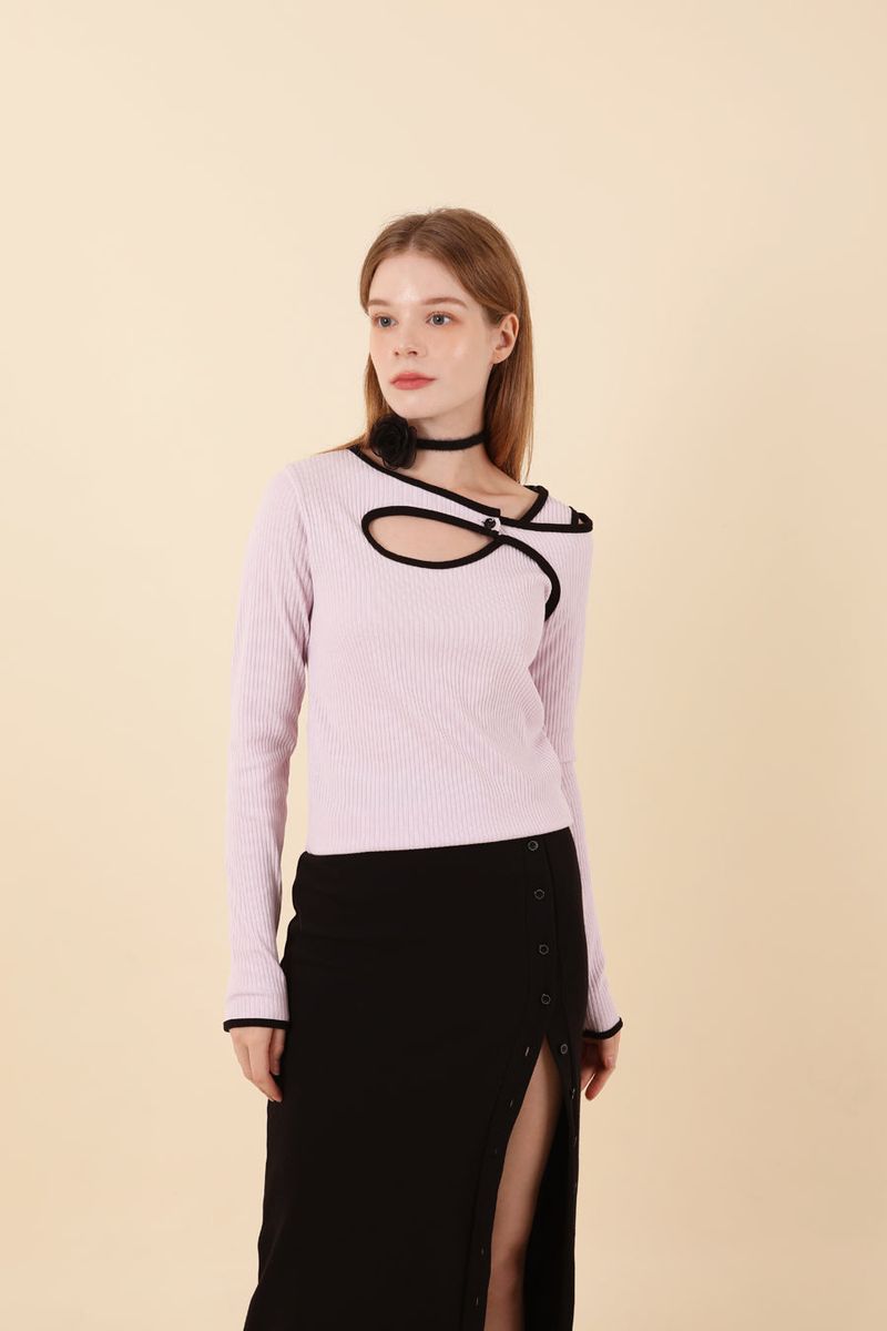 Line Contrast Slim T-shirt Purple