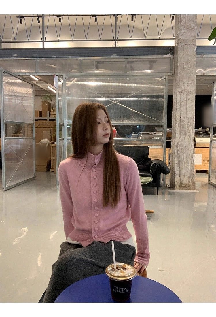 Pink button high-neck knit long-sleeved cardigan