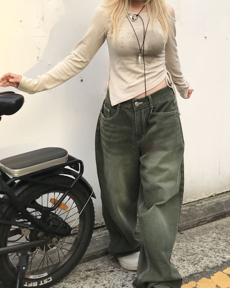 shoulder slit printing side shirring T-shirt