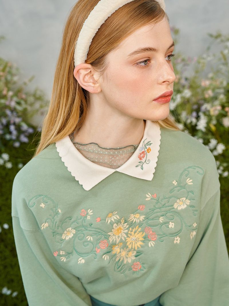 Flower Embroidered Collar Sweatshirt