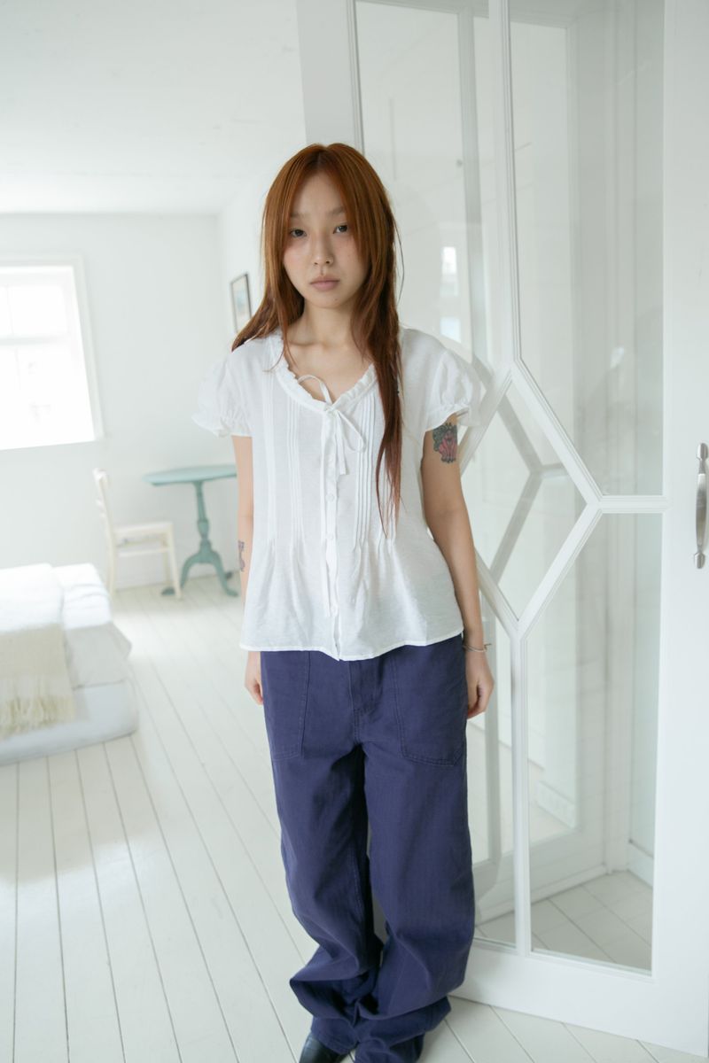 pin shirring puff half blouse(2colors)