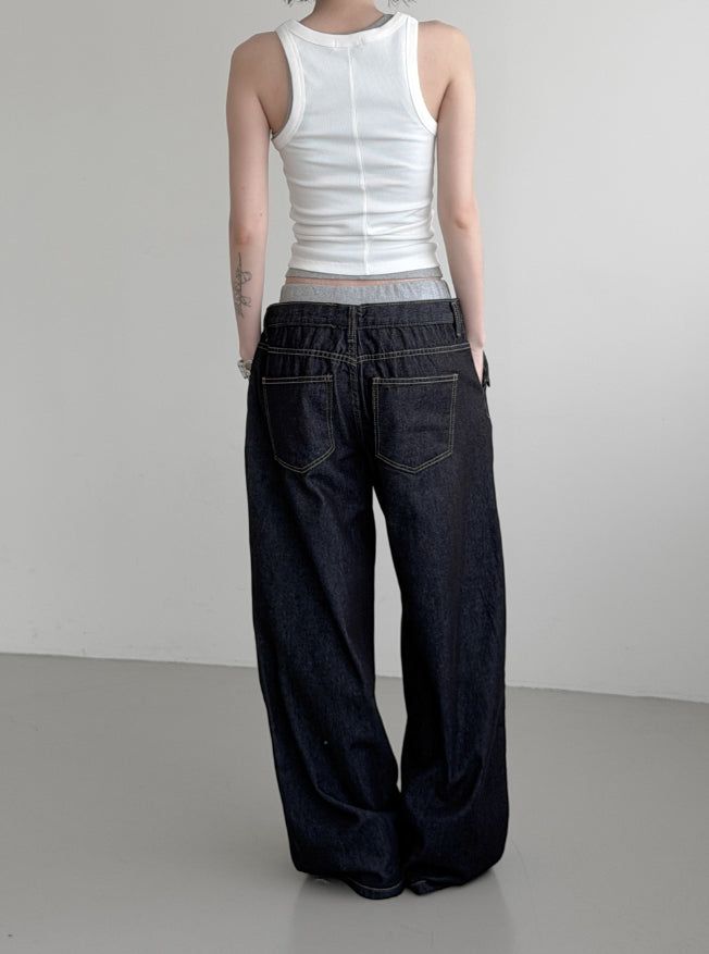 Sagging Non-Faded Raw Denim Pants