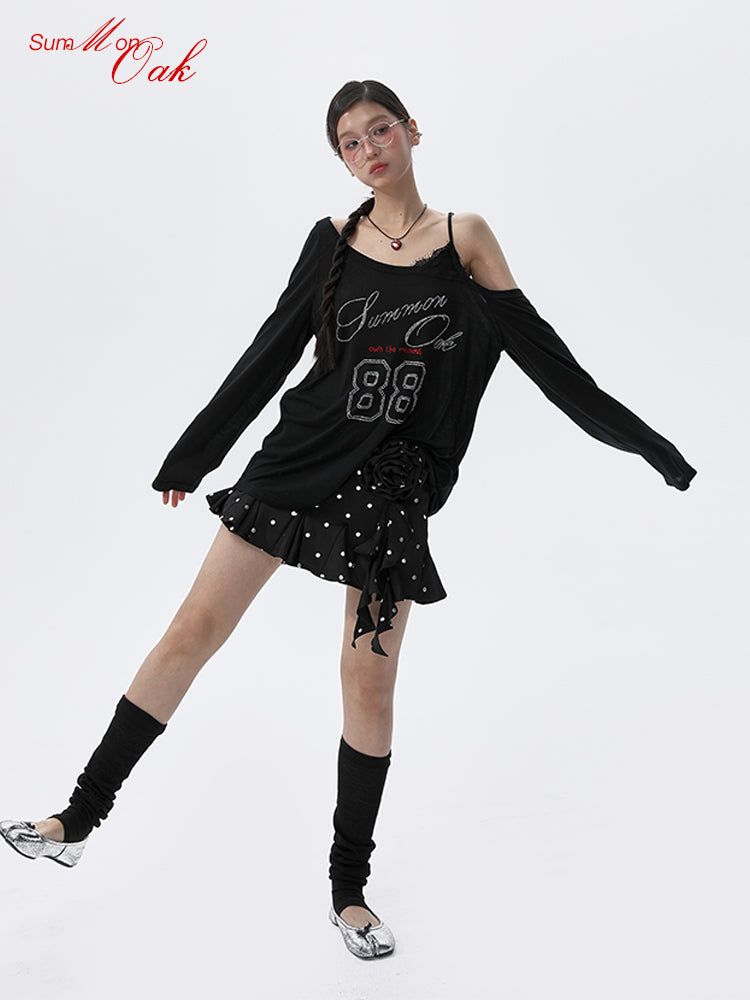 Summon Oak Lenzing Tencel Rhinestone-Embellished Off-Shoulder Lace Long-Sleeve T-Shirt for Women, Loose and Lightweight Sun Protection Cover-Up for Spring and Summer
