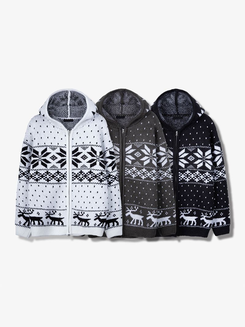Snowflake Nordic wool knit hooded zip-up