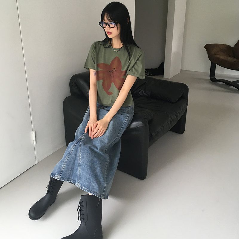 タップス ベルトセット スリットデニムロングスカート