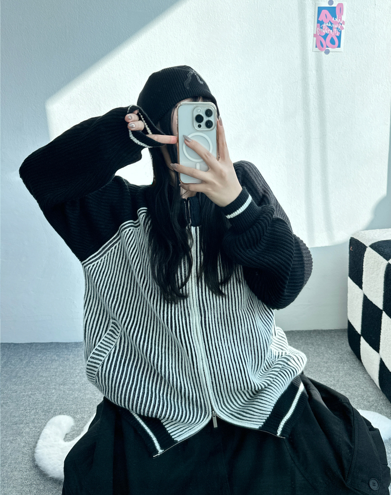 COLOR-BLOCK RAGLAN 2-WAY ZIP-UP🤎🖤🩶🤍 - 3 COLORS