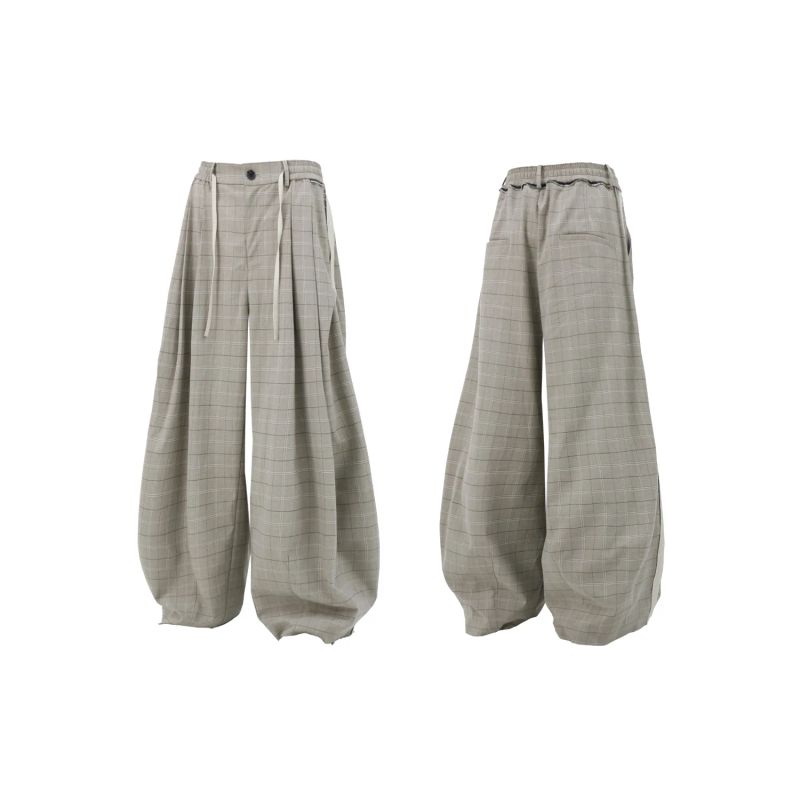 RELABEL('LABEL) anti-wrinkle pleated checkered side seam stitching loose-fitting casual pants with loose edges and a relaxed drape
