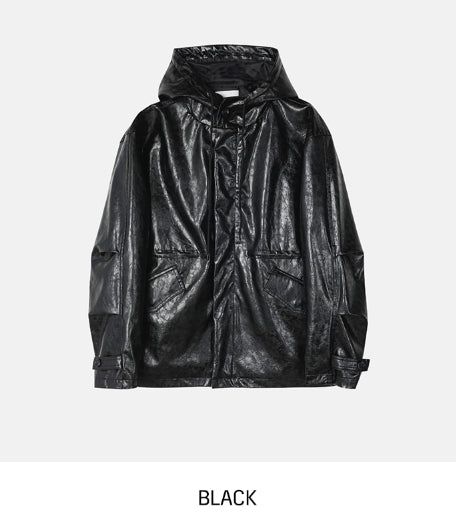 Seri glossy crack leather hoodie field jacket
