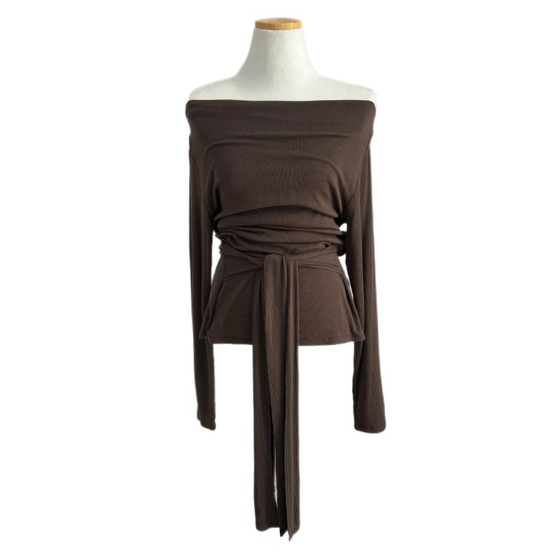 Loving Front Wrap Tie Boat Neck Long Sleeve Tee 