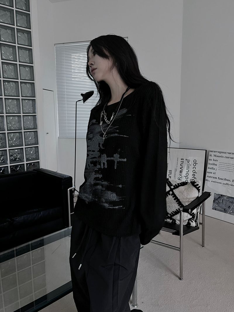 printed ribbed long sleeves (2color)