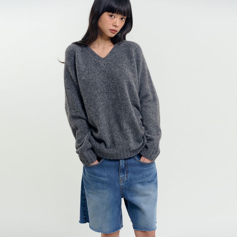 Soft Brushed V-Neck Knit Charcoal