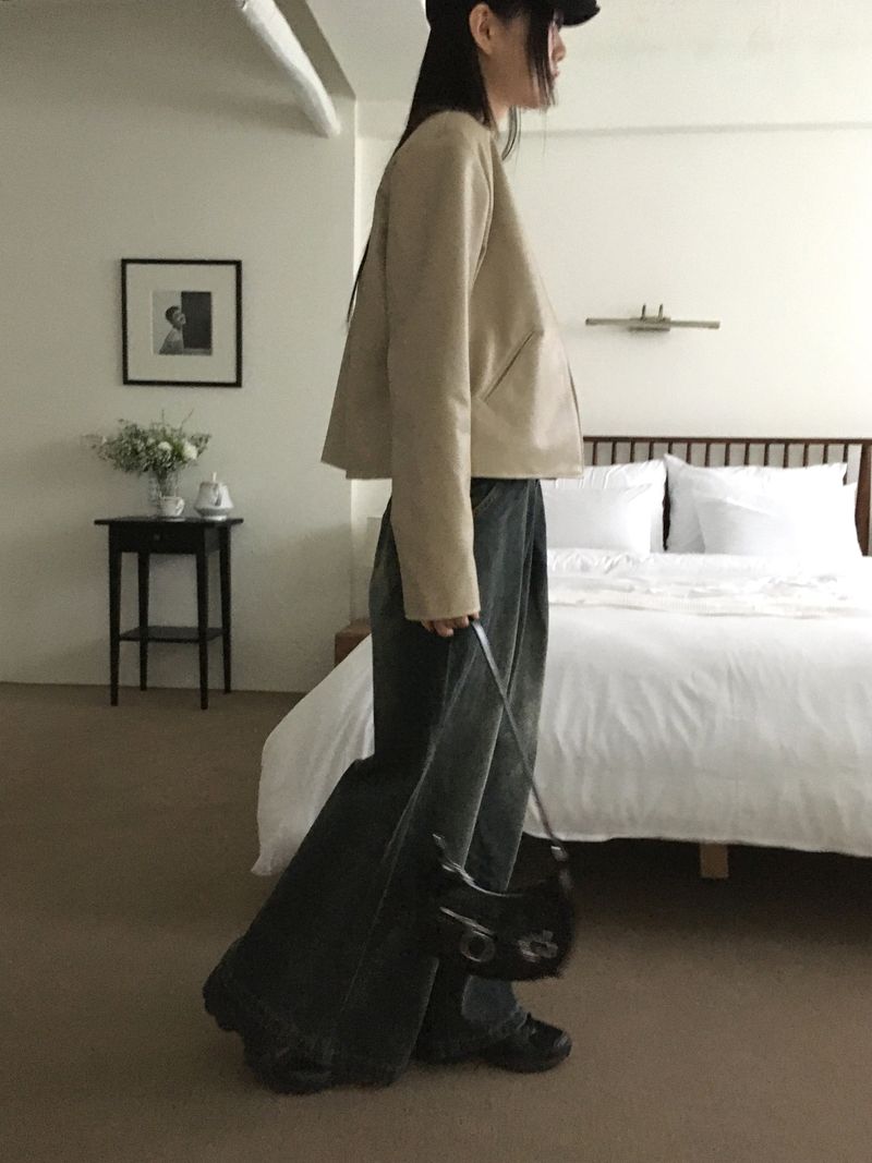 TF no-collar V short leather jacket