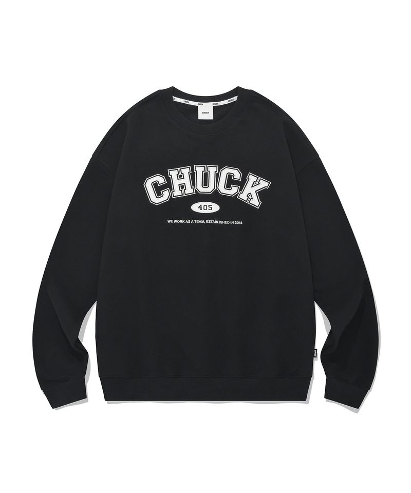 CHUCK(チャック)の「CHUCK アプリケアーチロゴスウェットシャツ / CHUCK APPLIQUE ARCH LOGO SWEATSHIRT (BLACK)(Tops)」