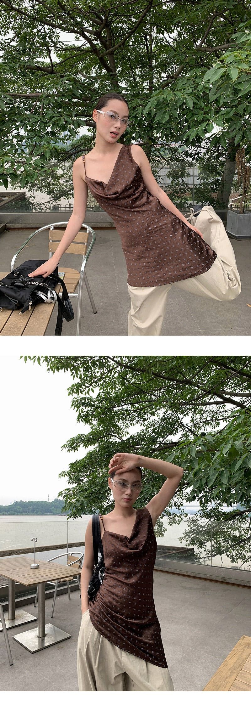 silk dot unbalanced sleeveless blouse top
