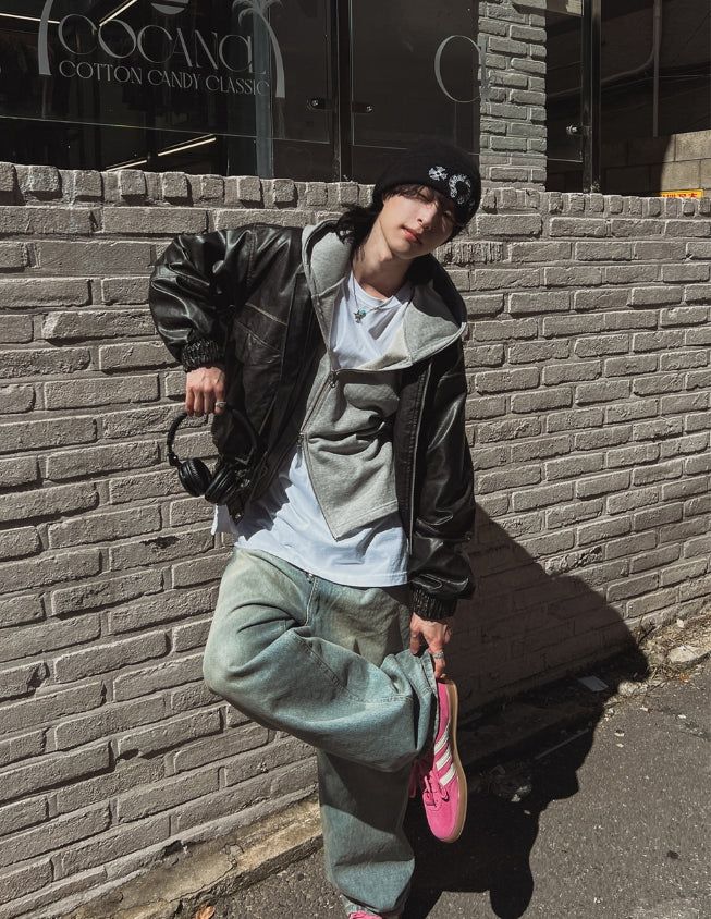 Metel non-collar leather jacket