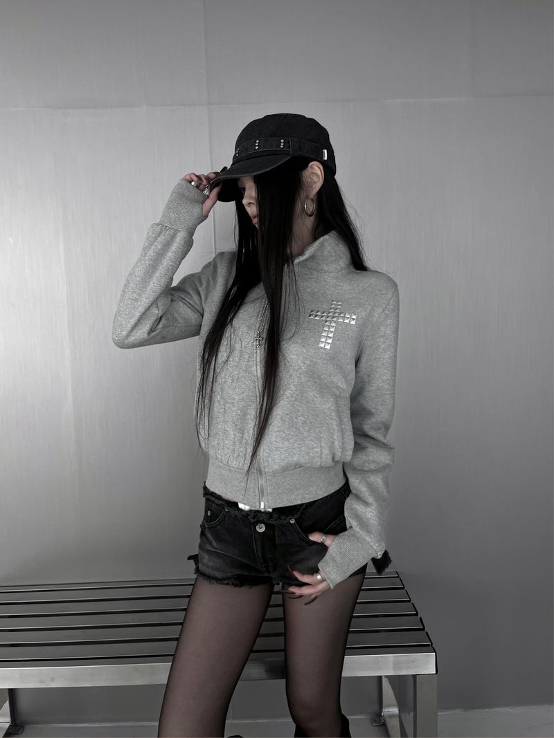 cross stud diagonal warmer zip-up (fleece-lined / 2color)