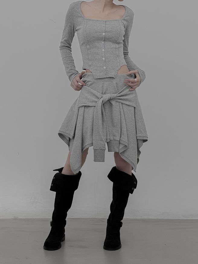 Knotted Unbalanced Sweat Midi Skirt