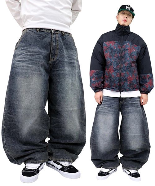 Wide Vintage-Washed Denim Balloon Pants