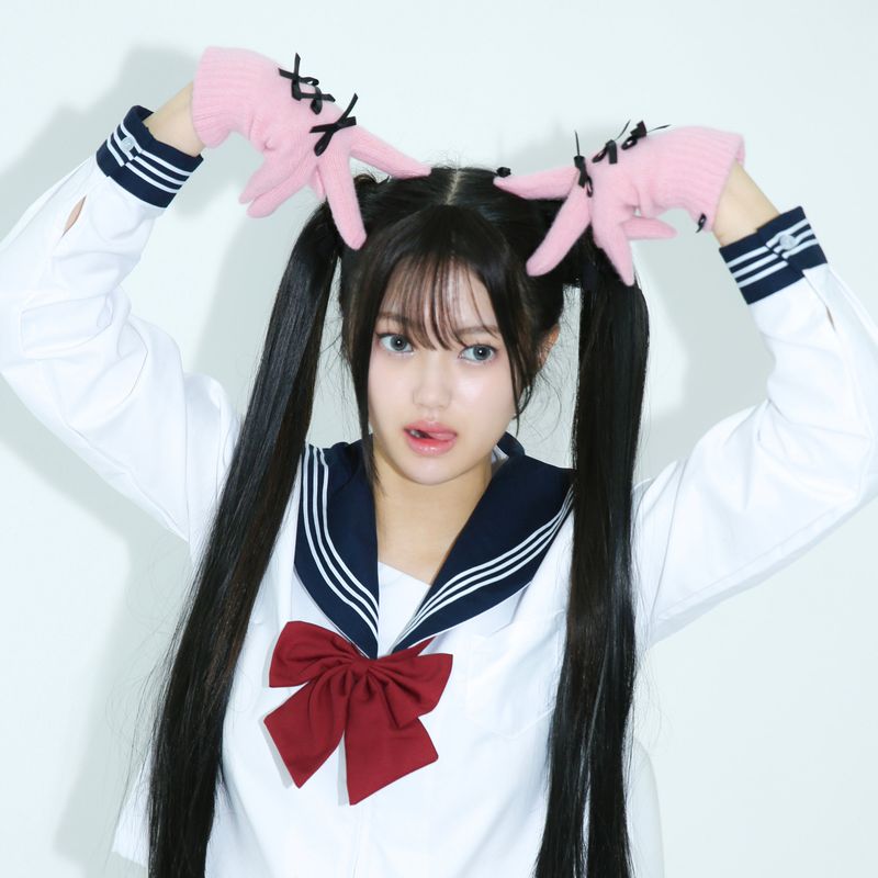 0 4 ribbon knit gloves - PINK