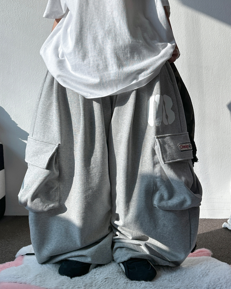 NUMBERING PATCH SWEAT BALLOON LOOSE WIDE CARGO PANTS 🩵🩶🖤 - 3 COLORS