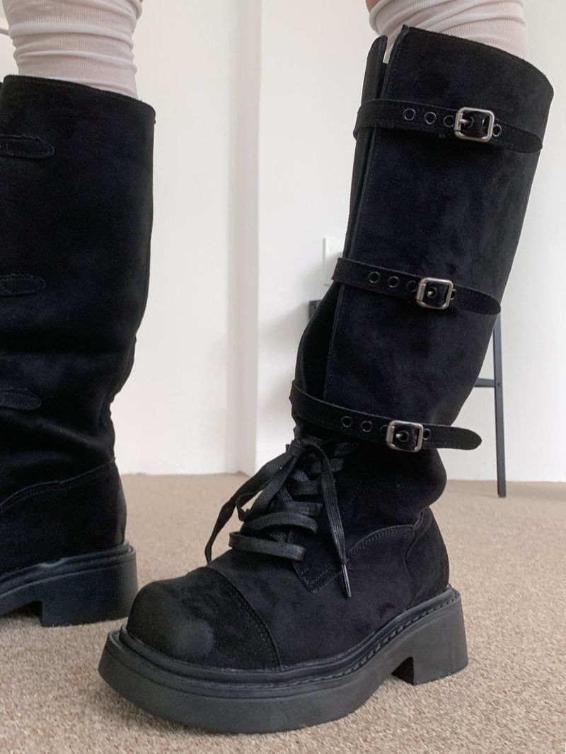 Kelvo Triple Buckle Belt Lace-Up Suede Oversole Long Boots (2 Colors)