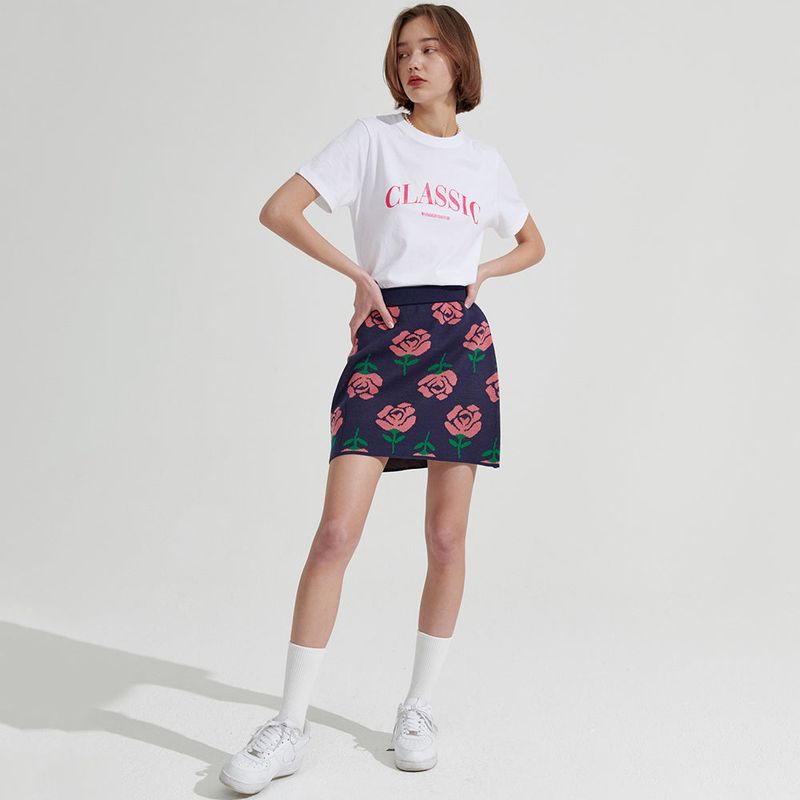 Rose pattern Mini Skirt [Navy]