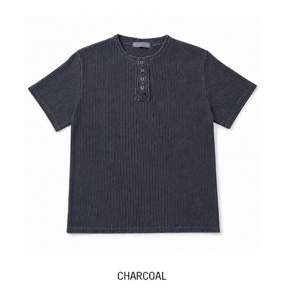 Wheat Pigment Rib Muscle Henley Neck Short Sleeve T-shirt