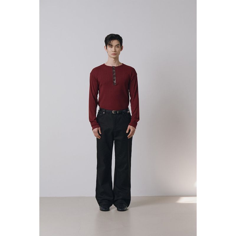 Leather ribbed henry neck long sleeves(Burgundy)