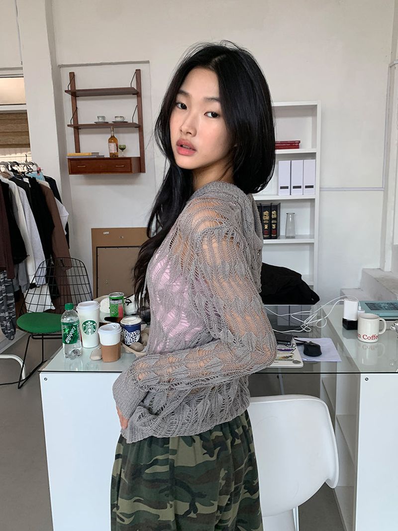 NET SEE-THROUGH KNIT HOOD ZIP-UP
